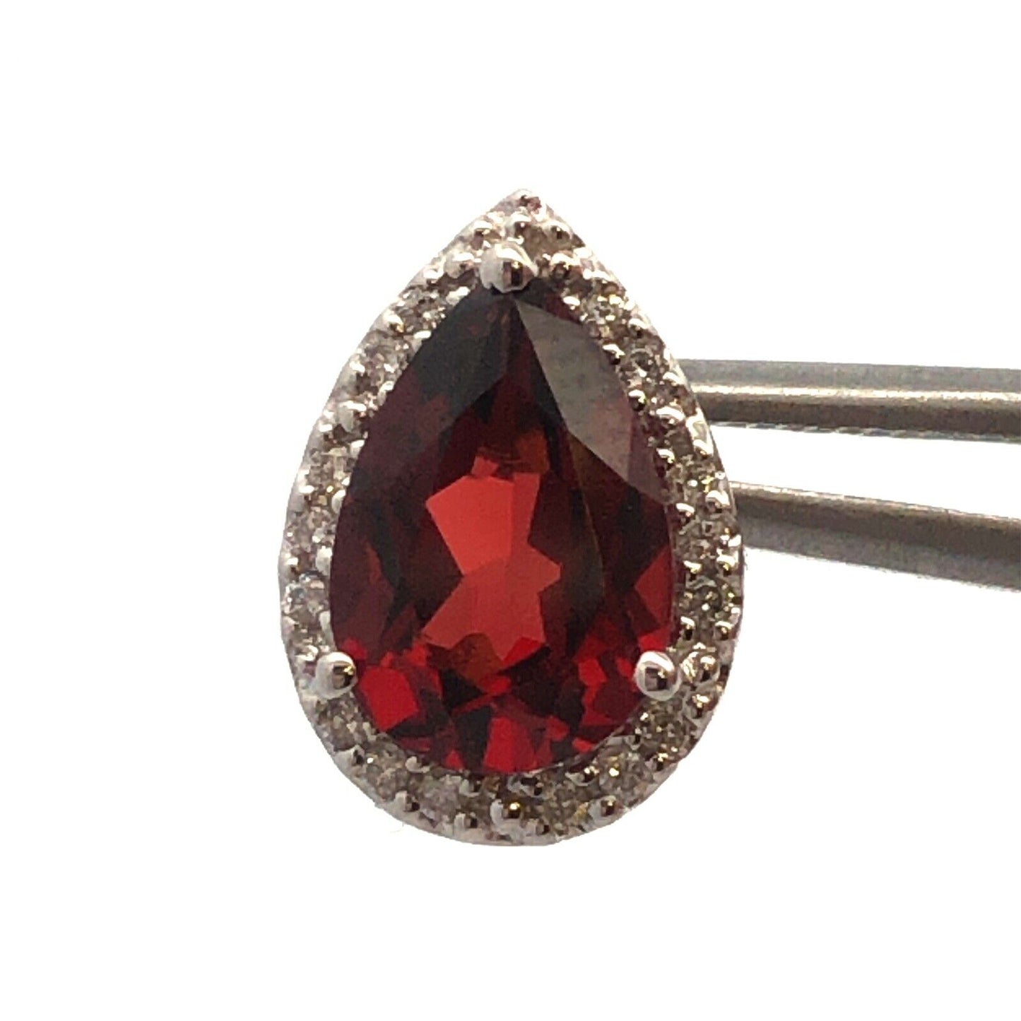 Designer 14K White Gold Pear Garnet Diamond Halo Statement Stud Earrings