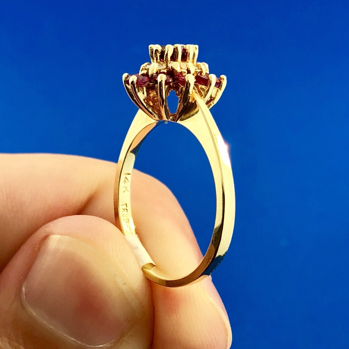 Designer 14K Yellow Gold Ruby Diamond 3 Tier Cluster Engagement Cocktail Ring