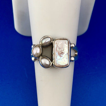 Sterling Silver 925 Freshwater Pearl Mother Of Pearl Cabochon Free Form Ring