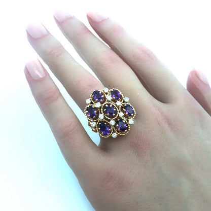 Vintage 14K Yellow Gold Amethyst Diamond Statement Anniversary Cocktail Ring