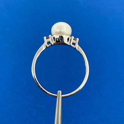 Designer 10K White Gold Pearl Ruby Accented Size 7 Ring