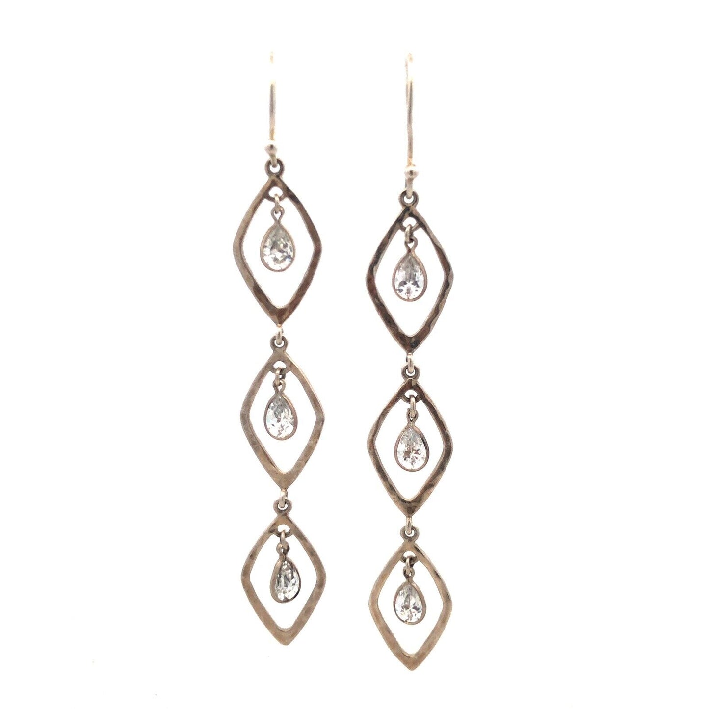 Estate 925 Sterling Silver Pear Cubic Zirconia CZ Oval Modernist Dangle Earrings