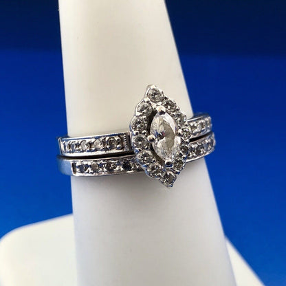 14K White Gold Marquise Solitaire Halo Accents Engagement Ring Band Bridal Set
