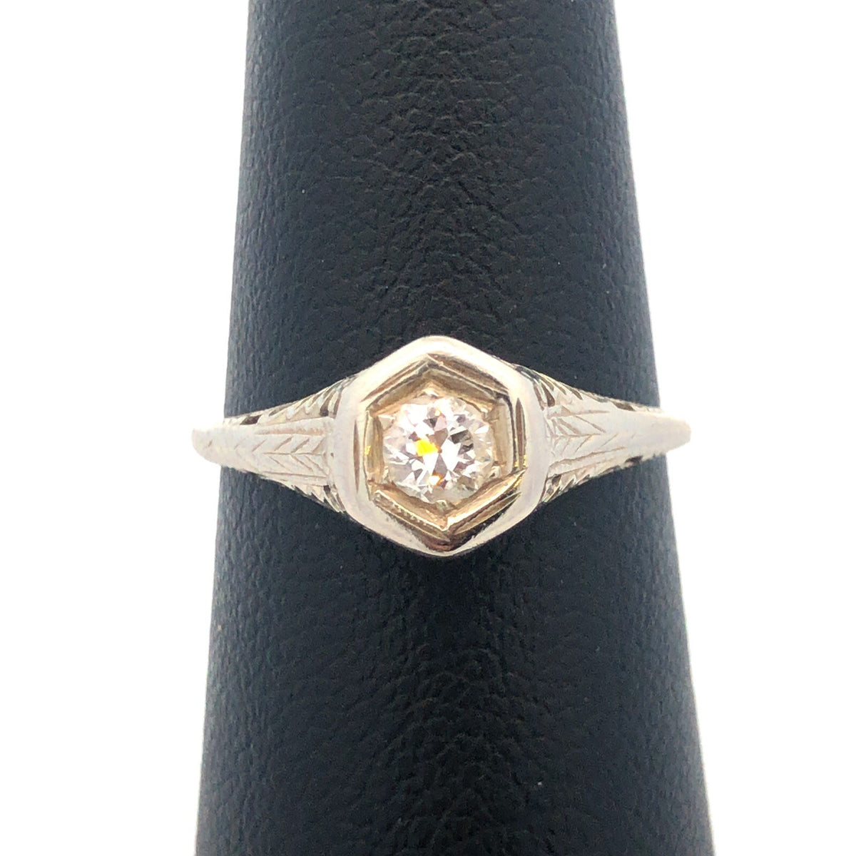Art Nouveau Art Deco 14K White Gold Diamond Solitaire Filigree Engagement Ring