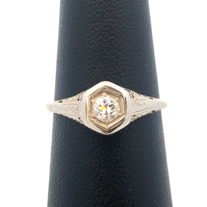 Art Nouveau Art Deco 14K White Gold Diamond Solitaire Filigree Engagement Ring