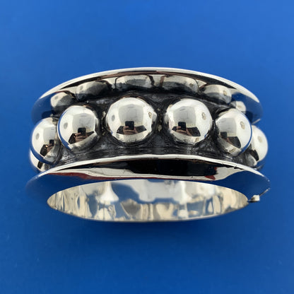 Vintage Taxco 925 Sterling Silver Polka Dot Wide Statement Hinged Cuff Bracelet