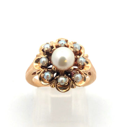 Vintage 14K Yellow Gold Pearl Solitaire With Pearl Halo Anniversary Ring