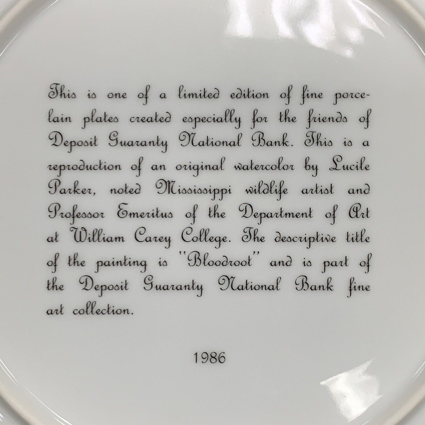 1986 Limited Edition Lucile Parker Bloodroot Promotional Porcelain Plate