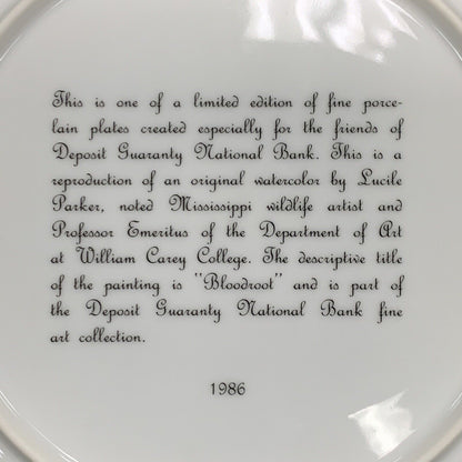 1986 Limited Edition Lucile Parker Bloodroot Promotional Porcelain Plate