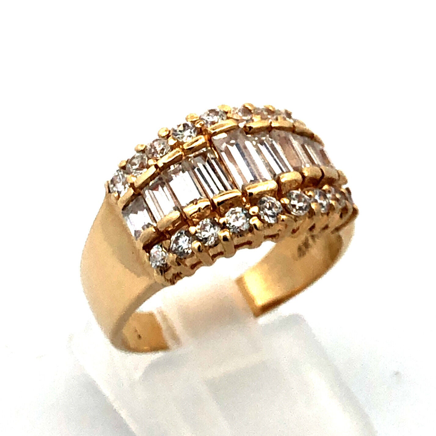 Designer 14K Yellow Gold Baguette Cubic Zirconia Statement Cigar Band Ring