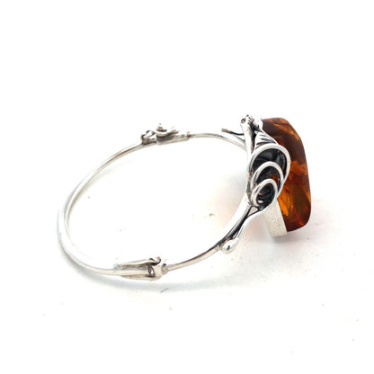 Vintage 925 Sterling Silver Trillion Amber Cabochon Hinged Vine Cuff Bracelet