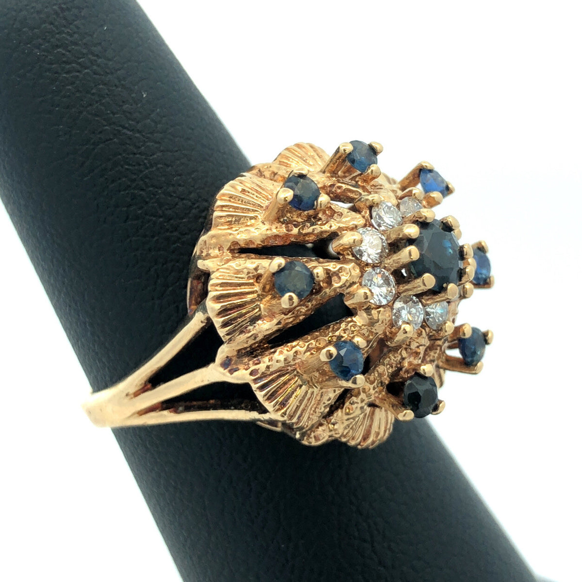 Retro 14K Yellow Gold Sapphire Diamond September Anniversary Princess Harem Ring