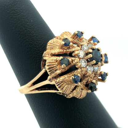 Retro 14K Yellow Gold Sapphire Diamond September Anniversary Princess Harem Ring