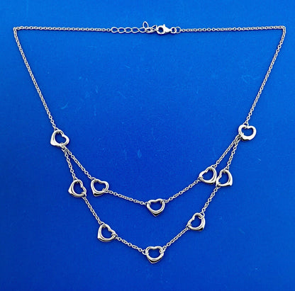 Sterling Silver 925 Heart Cutout Double Drop Sweet Heart Fashion Necklace