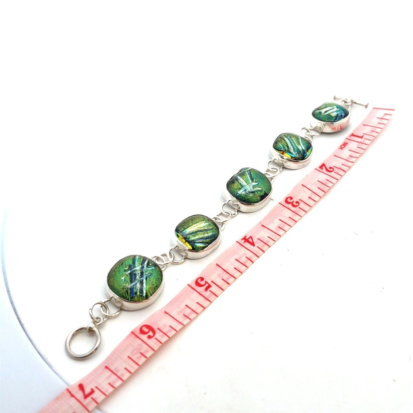Artisan Sterling Silver Green Dichroic Glass Statement Toggle Bracelet