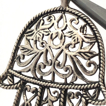925 Sterling Silver Open Floral Scroll Hamsa Hand Of Fatima Pendant
