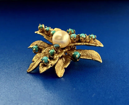Vintage 14K Yellow Gold Pearl Turquoise Leaf Design Statement Clip Earrings