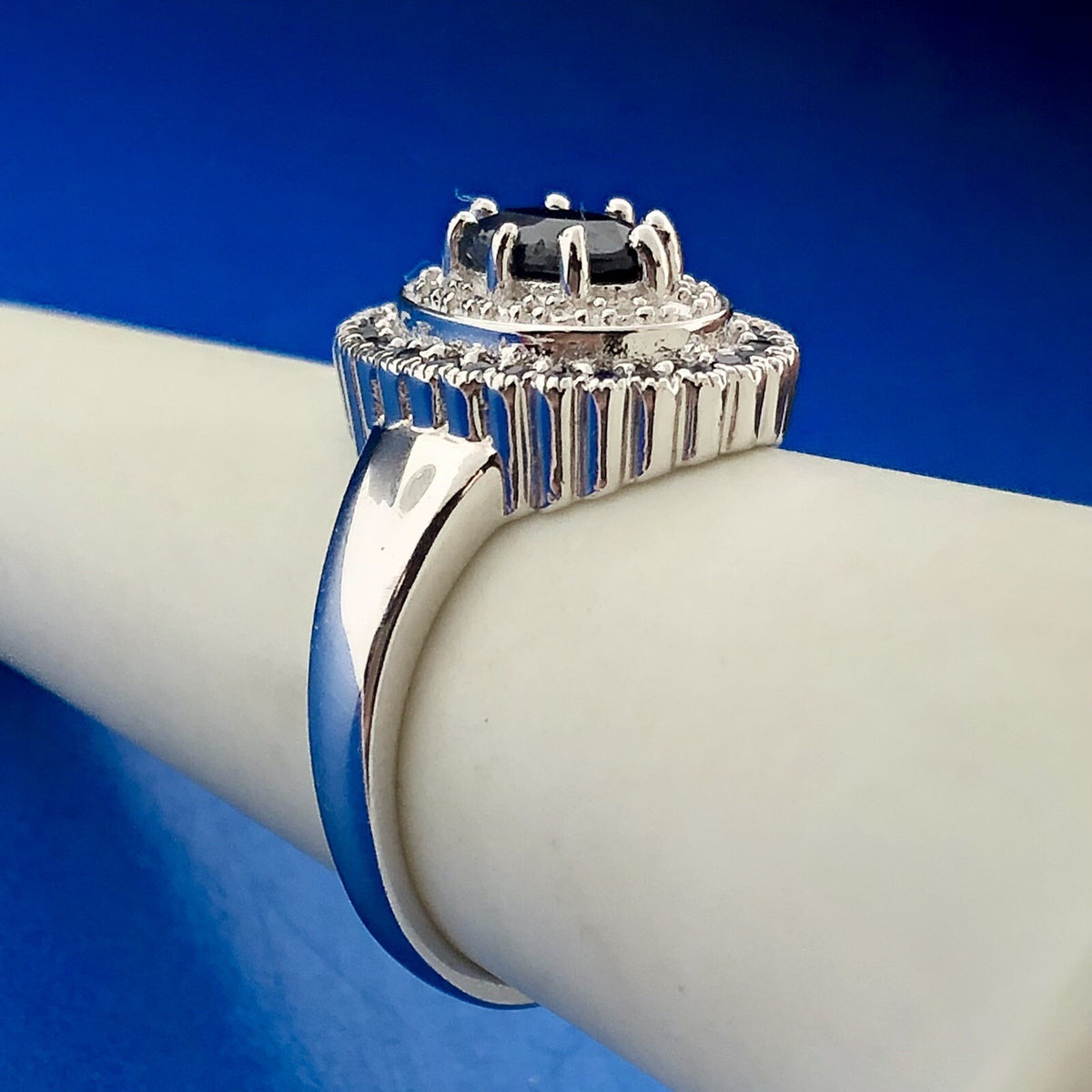 Desinger PAJ 925 Sterling Silver Oval Sapphire Halo September Anniversary Ring