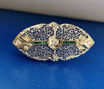 Art Deco 14K White Gold Diamond Emerald Floral Filigree Bar Pin Brooch Pendant