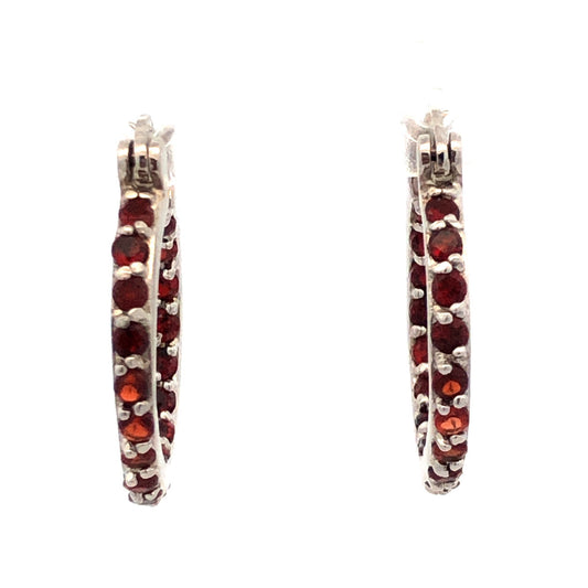 Designer HAN 925 Sterling Silver Round Red Garnet In-Out Eternity Hoop Earrings