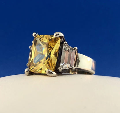 Dramatic Sterling Silver 925 Yellow White CZ Statement Fashion Cocktail Ring
