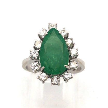 Vintage 18K White Gold Pear Natural Emerald Diamond Halo May Cocktail Ring