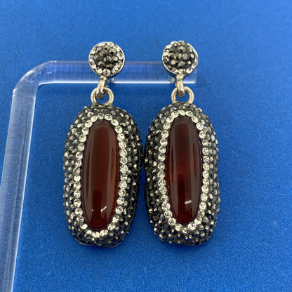Art Deco 925 Sterling Silver Carnelian Crystal Marcasite Drop Dangle Earrings