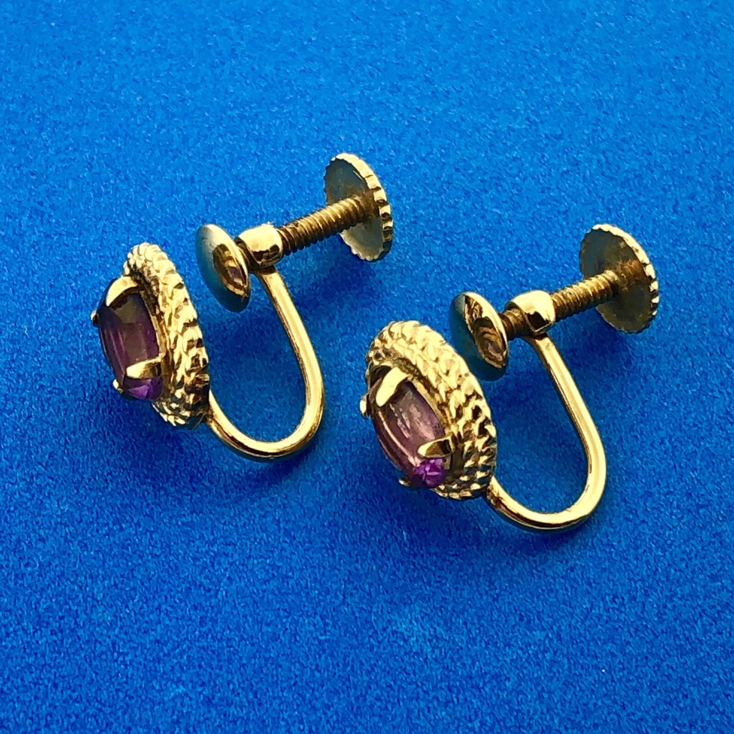 Mid Century 14K Gold Filled Amethyst February Anniversary Screw Back Earrings