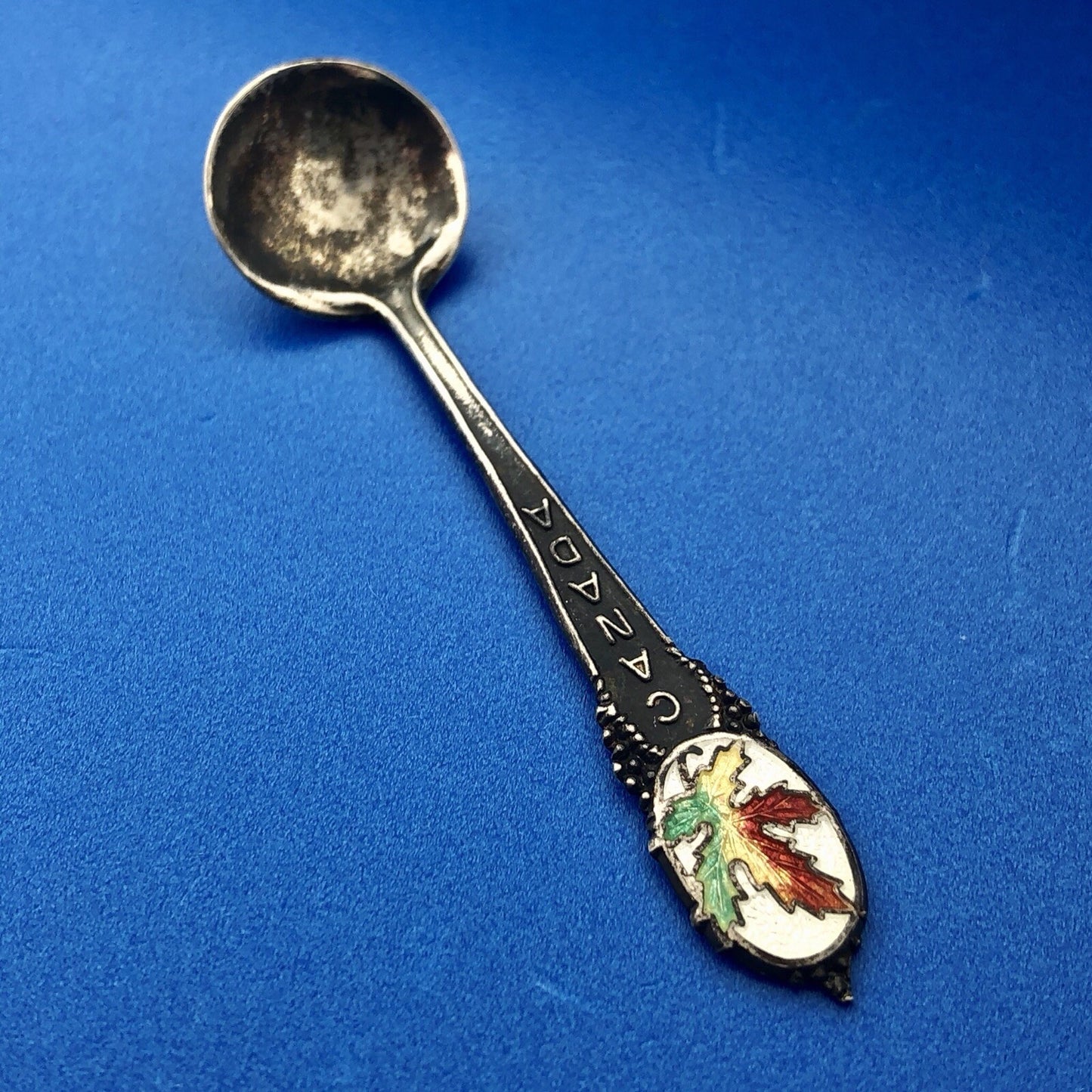 BMCo Sterling Silver Multi Color Enamel Canada Maple Leaf Souvenir Salt Spoon