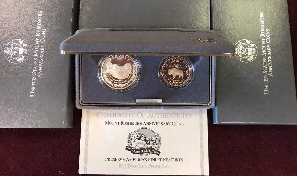 1991 S Mount Rushmore Anniversary 2 Coin 90% Silver Clad Proof Set OGP/COA