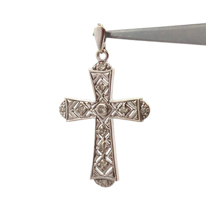 Designer 10K White Gold Diamond Accented Open Work Statement Cross Pendant