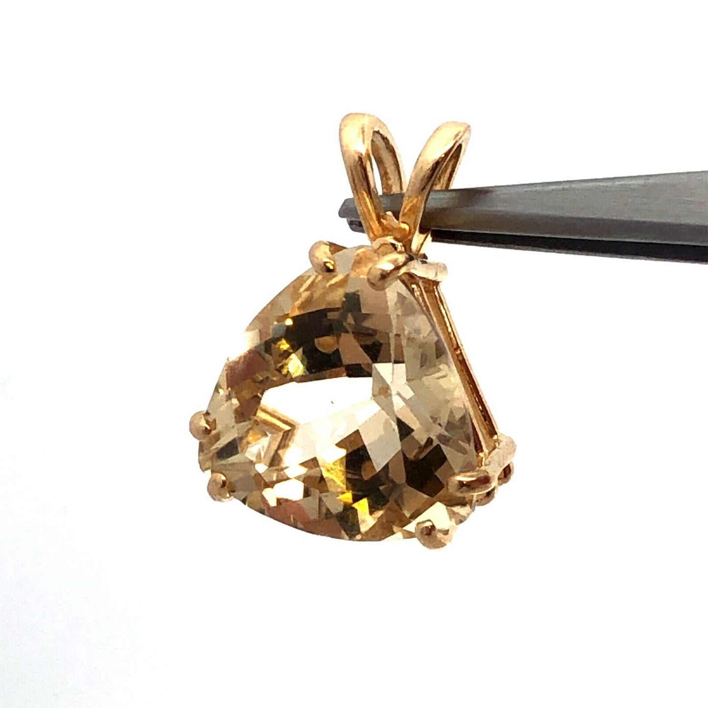 14K Yellow Gold Designer Trillion Cut Honey Lemon Quartz Solitaire Pendant