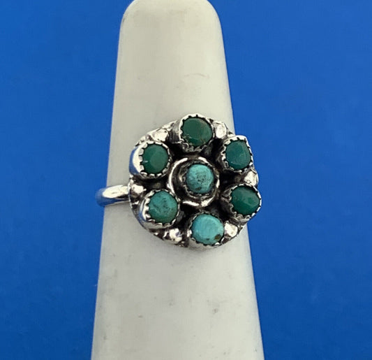 Stunning Sterling Silver 925 7 Green Turquoise Stone Circle Cluster Ring Size 4