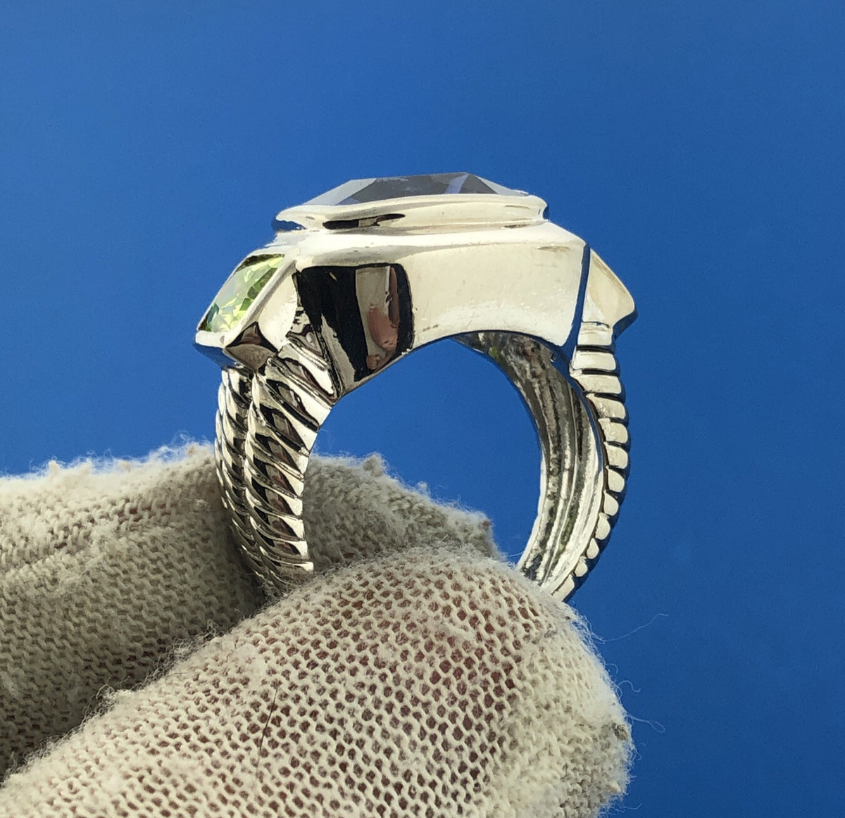 Stunning Sterling Silver 925 Indigo & Green Crystal Statement Ring Size 6.25