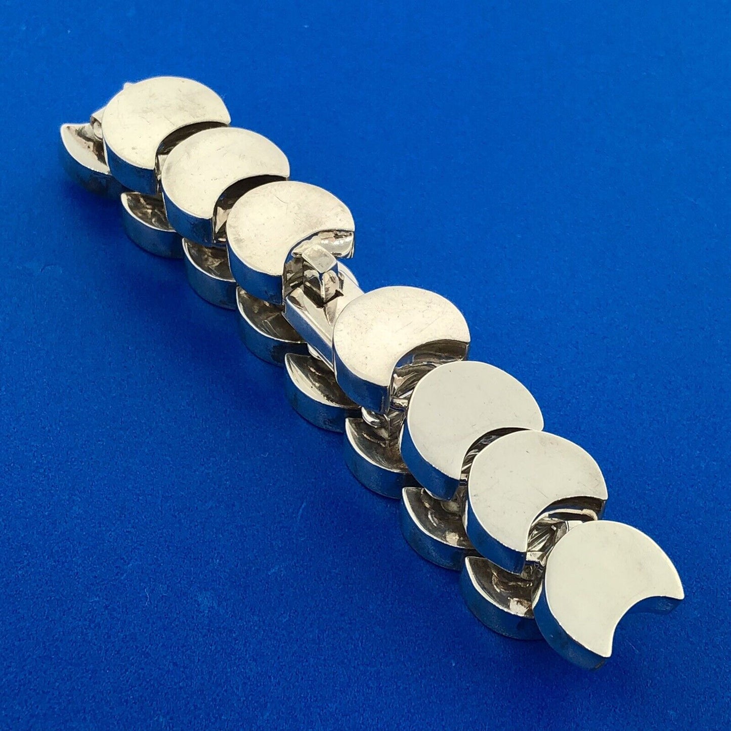 Retro Mexico 925 Sterling Silver Modernist Moon Link Statement Panel Bracelet