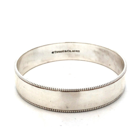 Tiffany & Co 925 Sterling Silver Ribbed Milgrain Polished Wide Bangle Bracelet