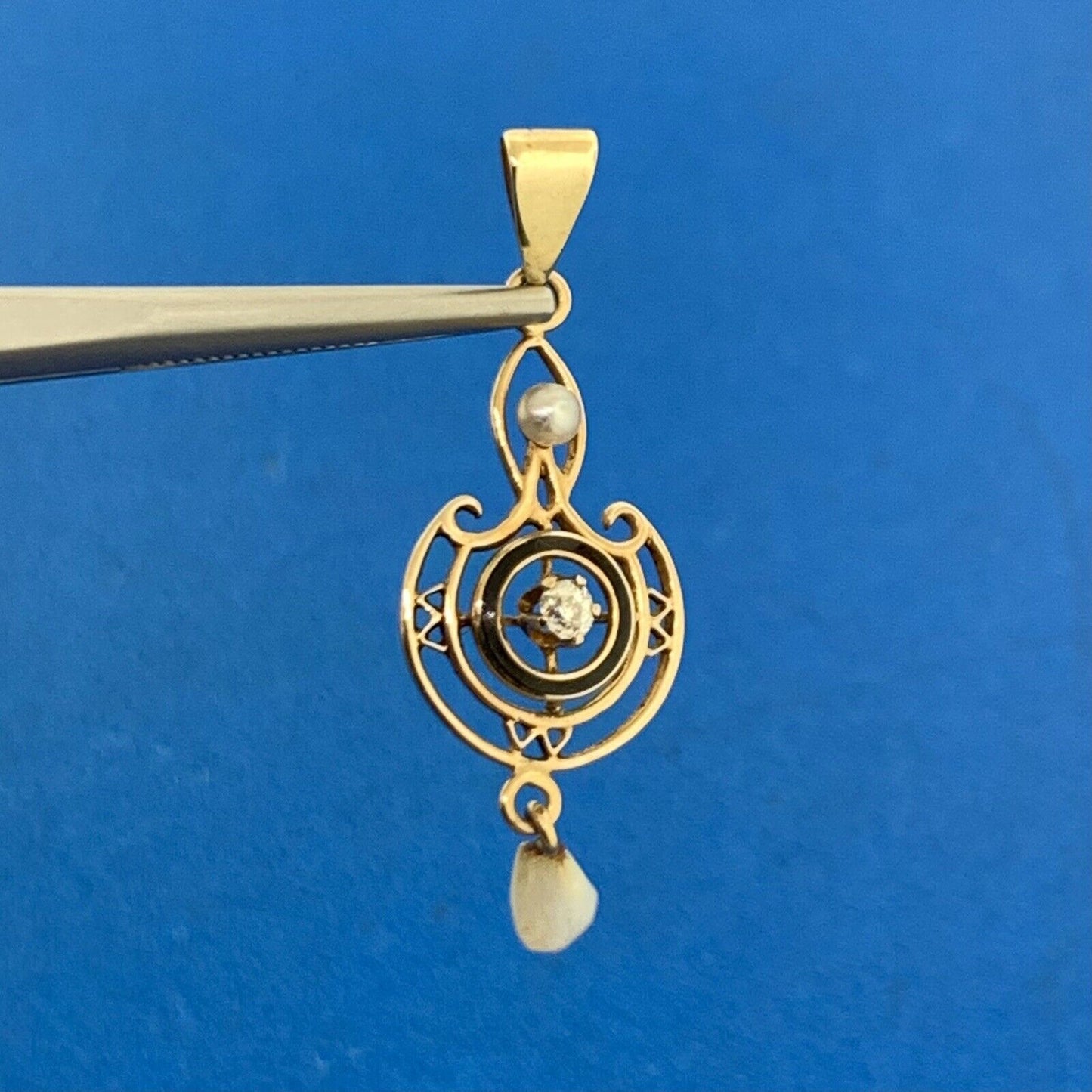 Art Nouveau 10K Yellow Gold Diamond Pearl Black Enamel Drop Dangle Pendant