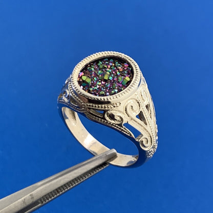 Estate 925 Sterling Silver Drusy Quartz Scroll Open Work Cocktail Ring