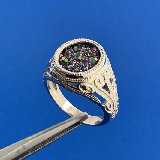 Estate 925 Sterling Silver Drusy Quartz Scroll Open Work Cocktail Ring