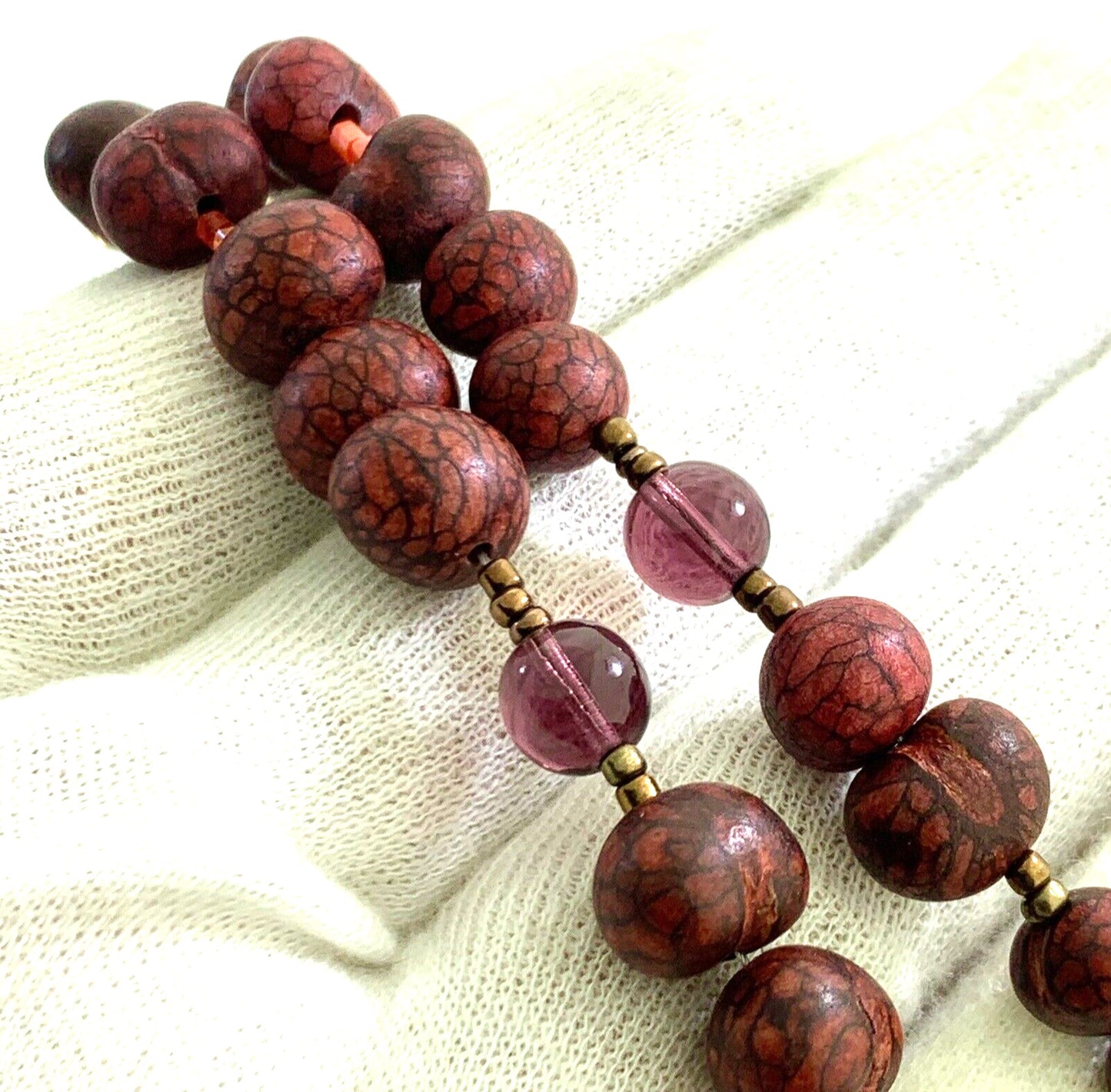 Artisan 14K Yellow Gold Amethyst Art Glass Wooden Mixed Bead Necklace