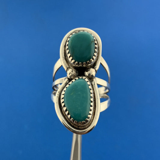 Stunning Sterling Silver 925 Cabochon Teal Twin Turquoise Finger Ring Size 7