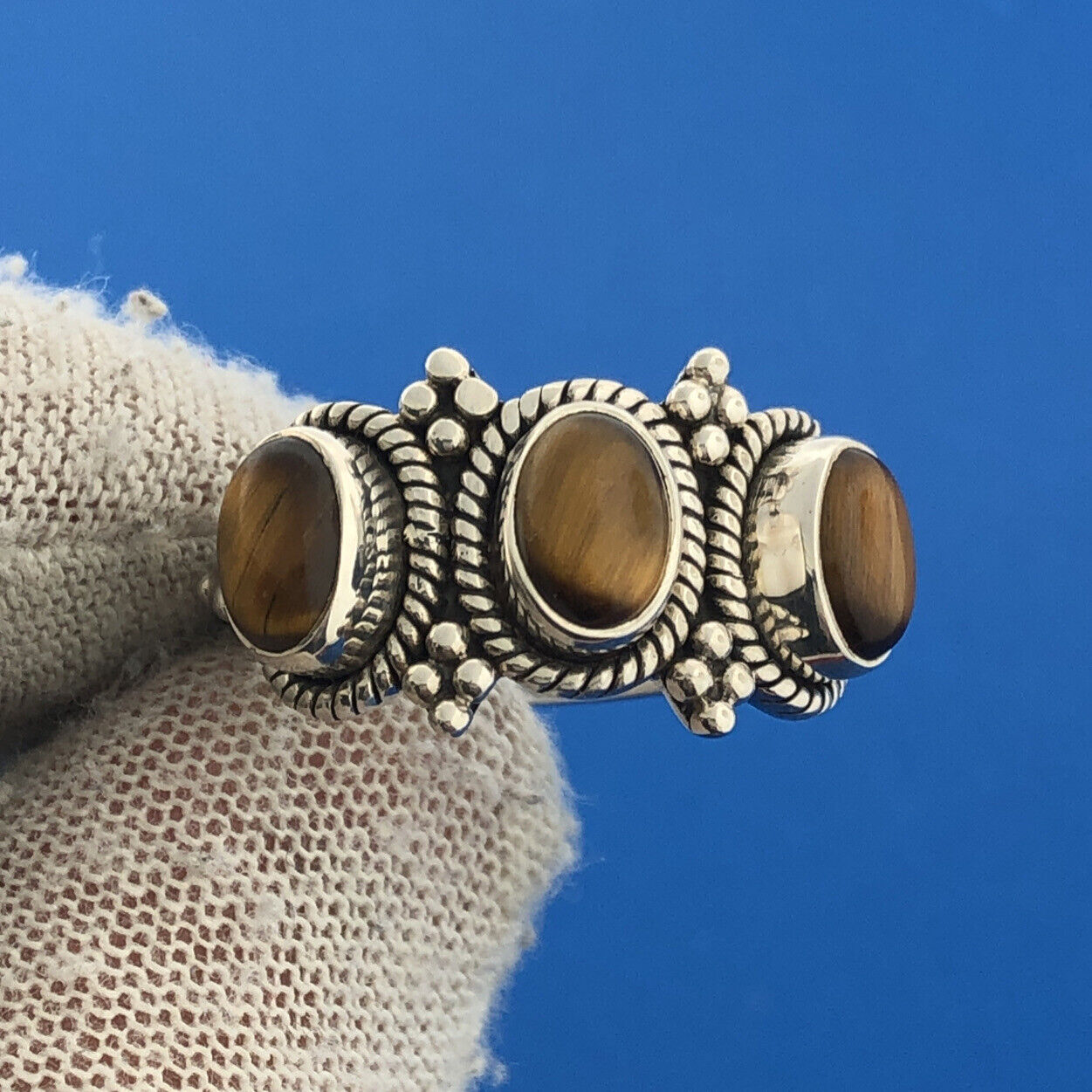 Designer D Paulus Sterling Silver 925 Tigers Eye Trio Statement Cocktail Ring