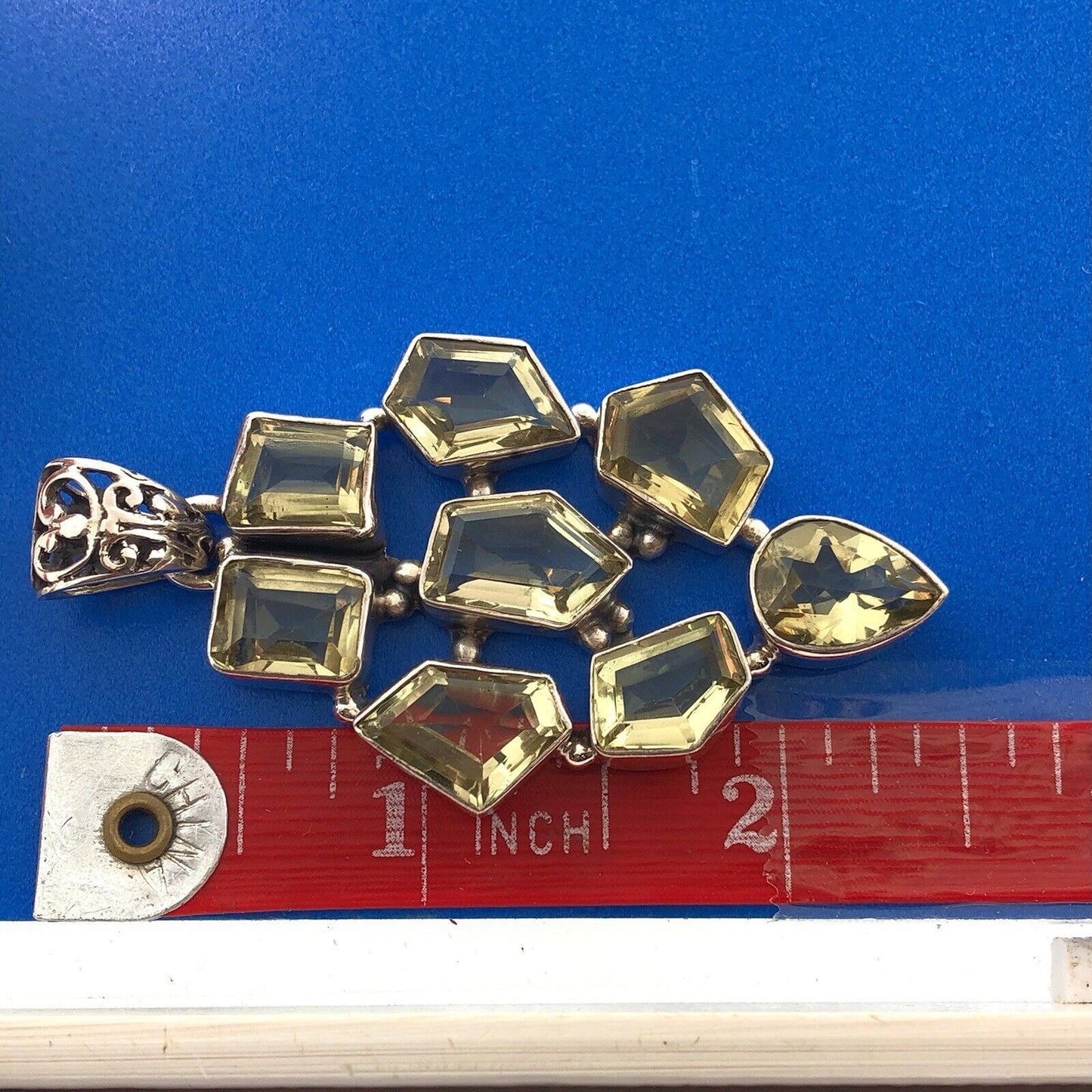 Retro Modernist 925 Sterling Silver Green Amethyst Multi Panel Chunky Pendant