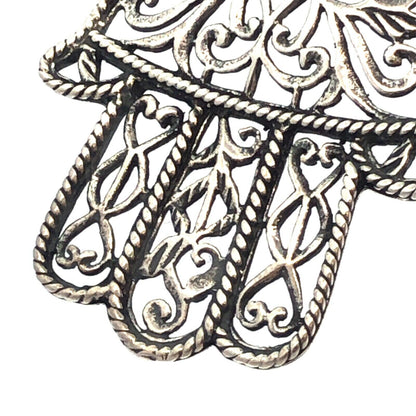 925 Sterling Silver Open Floral Scroll Hamsa Hand Of Fatima Pendant