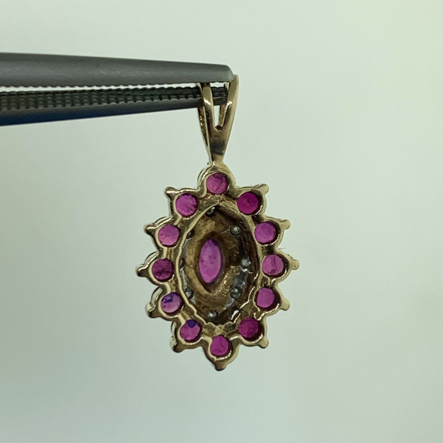 Vintage 10K Yellow Gold Ruby Diamond Drop Pendant