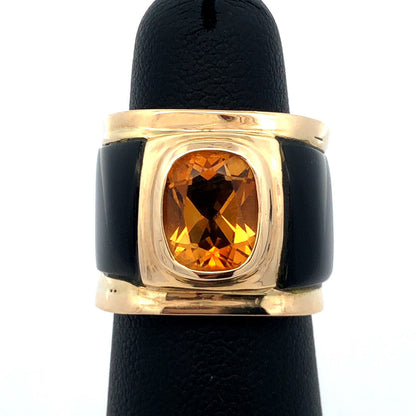 Unusual 14K Yellow Gold Oval Citrine Black Statement Cigar Band Ring