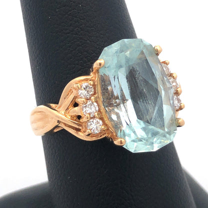 Designer 14K Yellow Gold Blue Topaz Diamond Statement Cocktail Ring Size 8.25