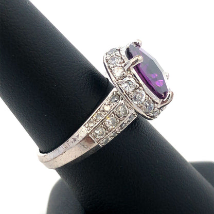 Designer 925 Sterling Silver Round Cushion Amethyst CZ Accents Cocktail Ring