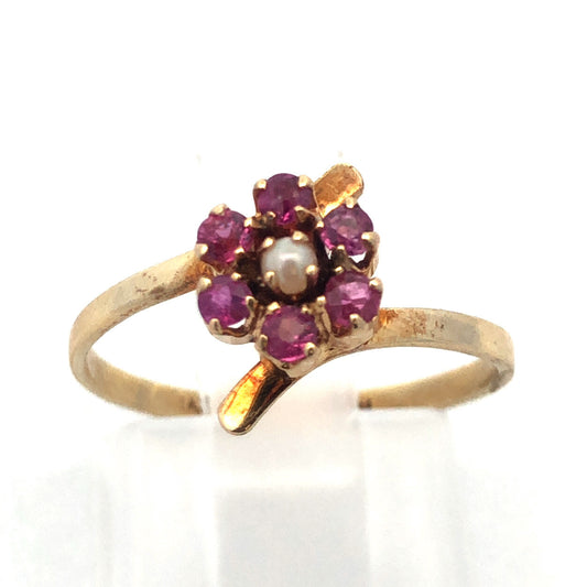 Vintage 14K Yellow Gold Ruby Pearl Flower Cluster July Sweetheart Bypass Ring