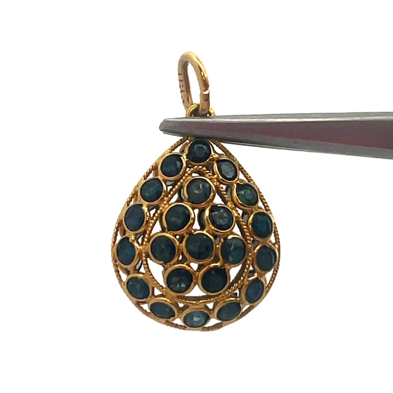 Vintage 18K Yellow Gold Blue Sapphire Pear Shaped Drop Pendant